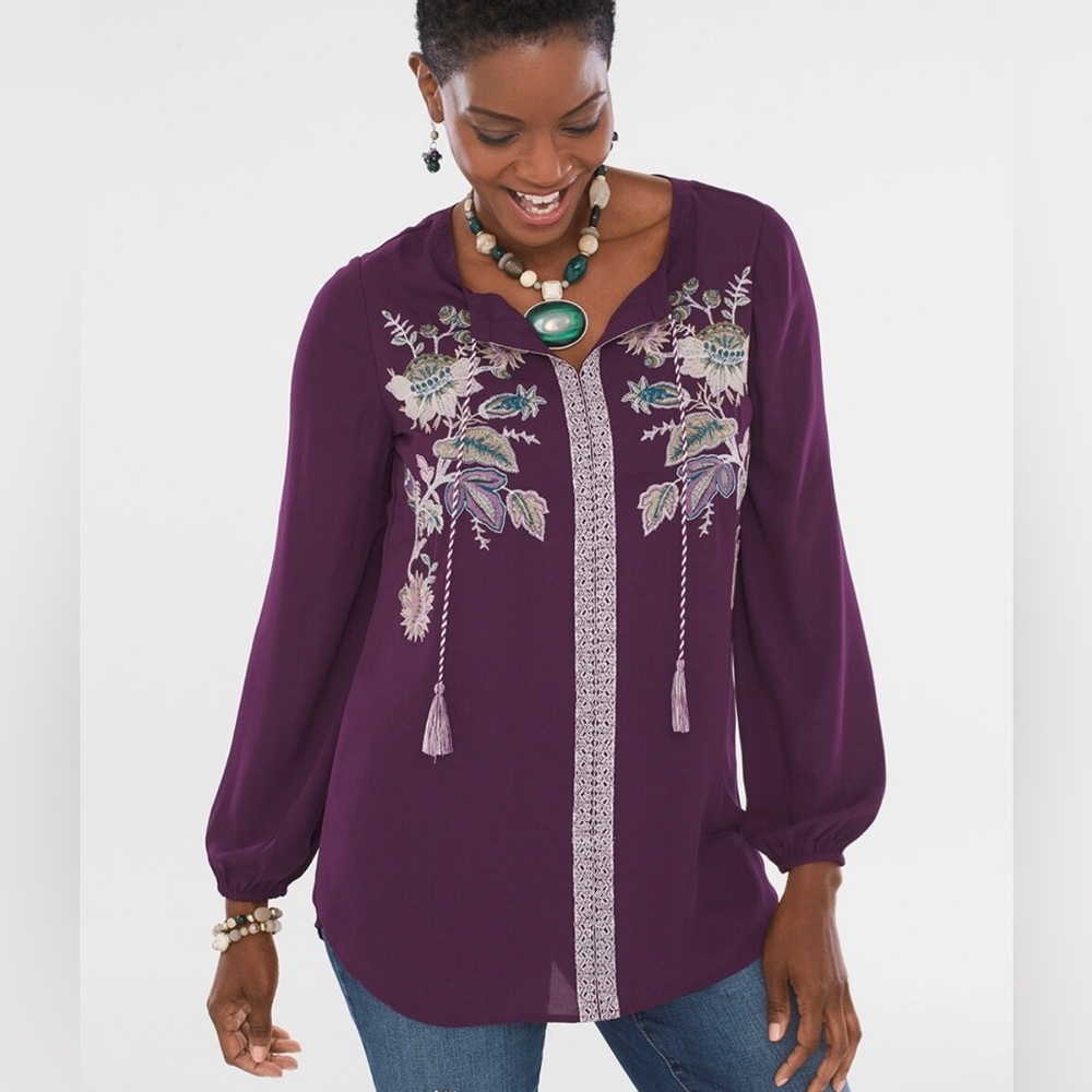 Chico’s 1 Floral Embroidered Tassel Top Purple Size Medium 8 / 10